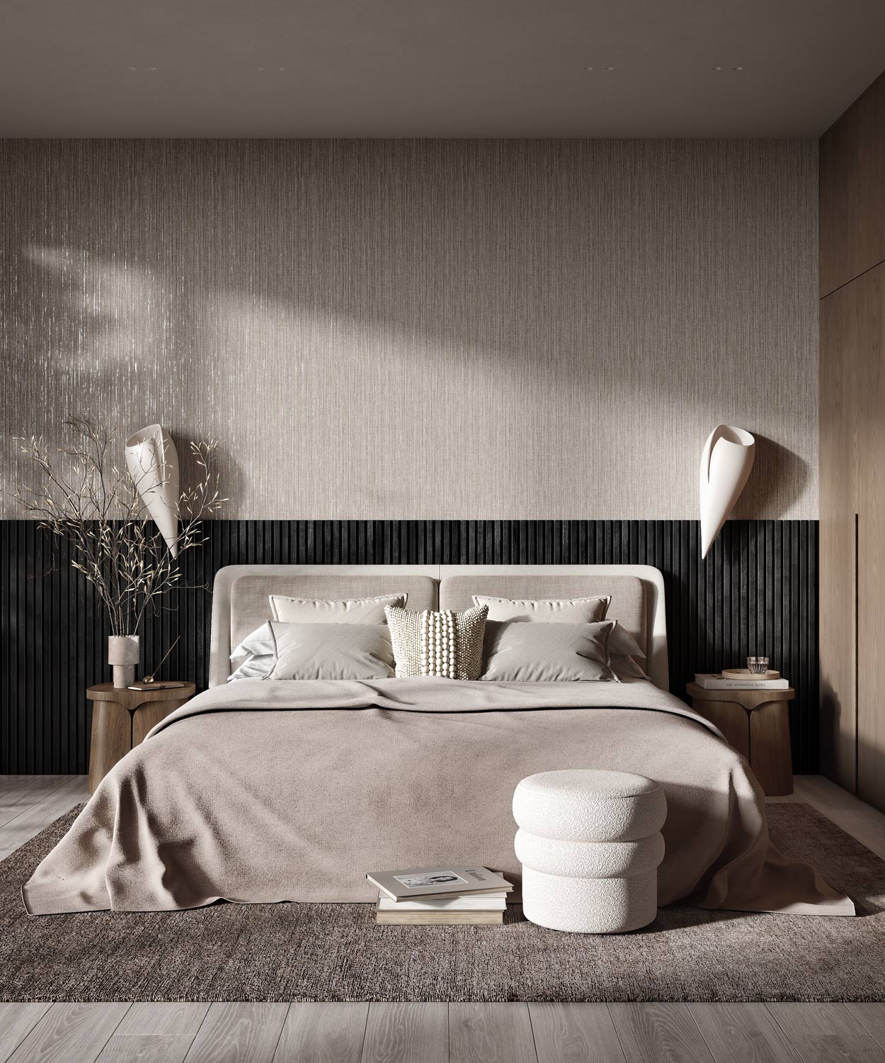 МДФ стеновая панель акустическая Cosca Decor Сканди Дуб Графит черный войлок 1200×600×19 фото в интерьере